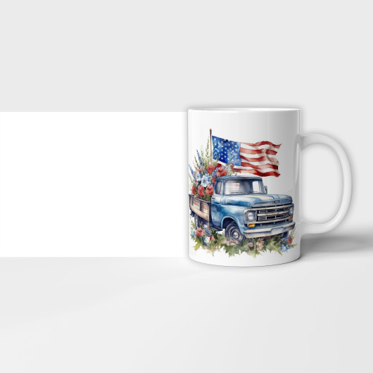 Hrnek Americk auto s vlajkou a kvtinami modr