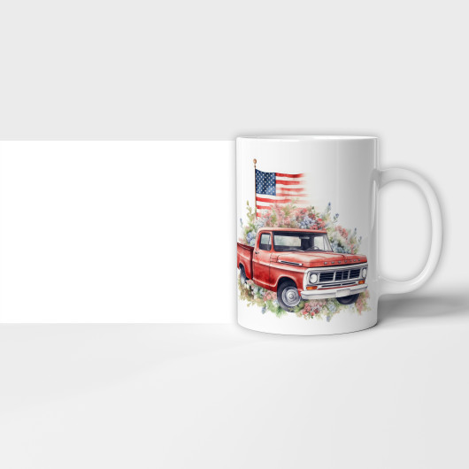 Hrnek Americk auto s vlajkou a kvtinami erven